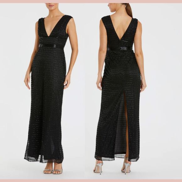 NWT Mac Duggal‎ [ 4 ] 5625 Beaded Cap Sleeve V Neck Column Gown in Black - Picture 1 of 11